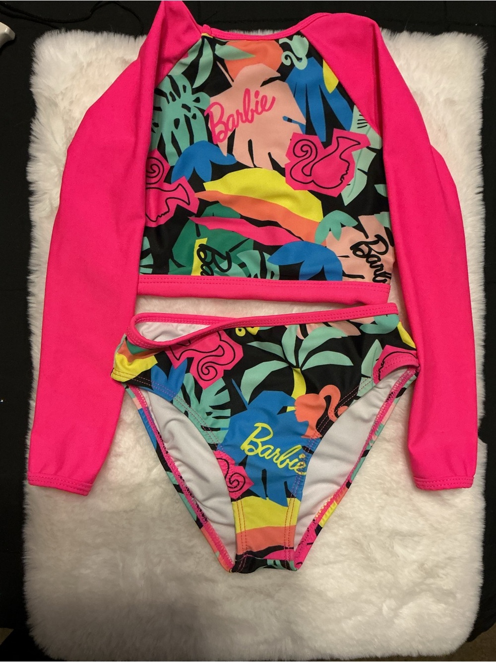 Barbie Neon Pink Tropical Print Long-Sleeve Rashguard Bikini